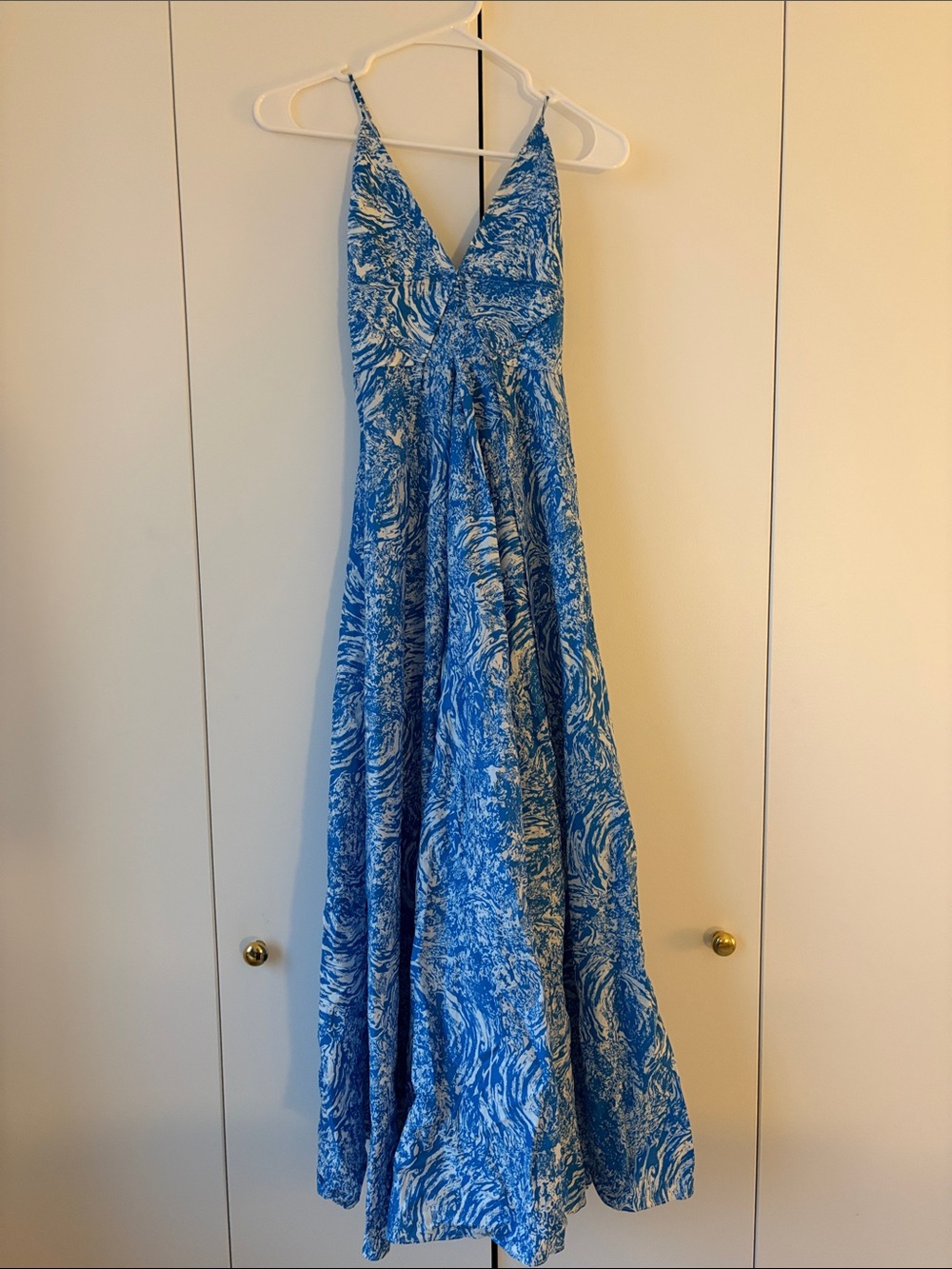 Scanlan Theodore Blue Marble Print Maxi Dress - Spaghetti Strap V-Neck